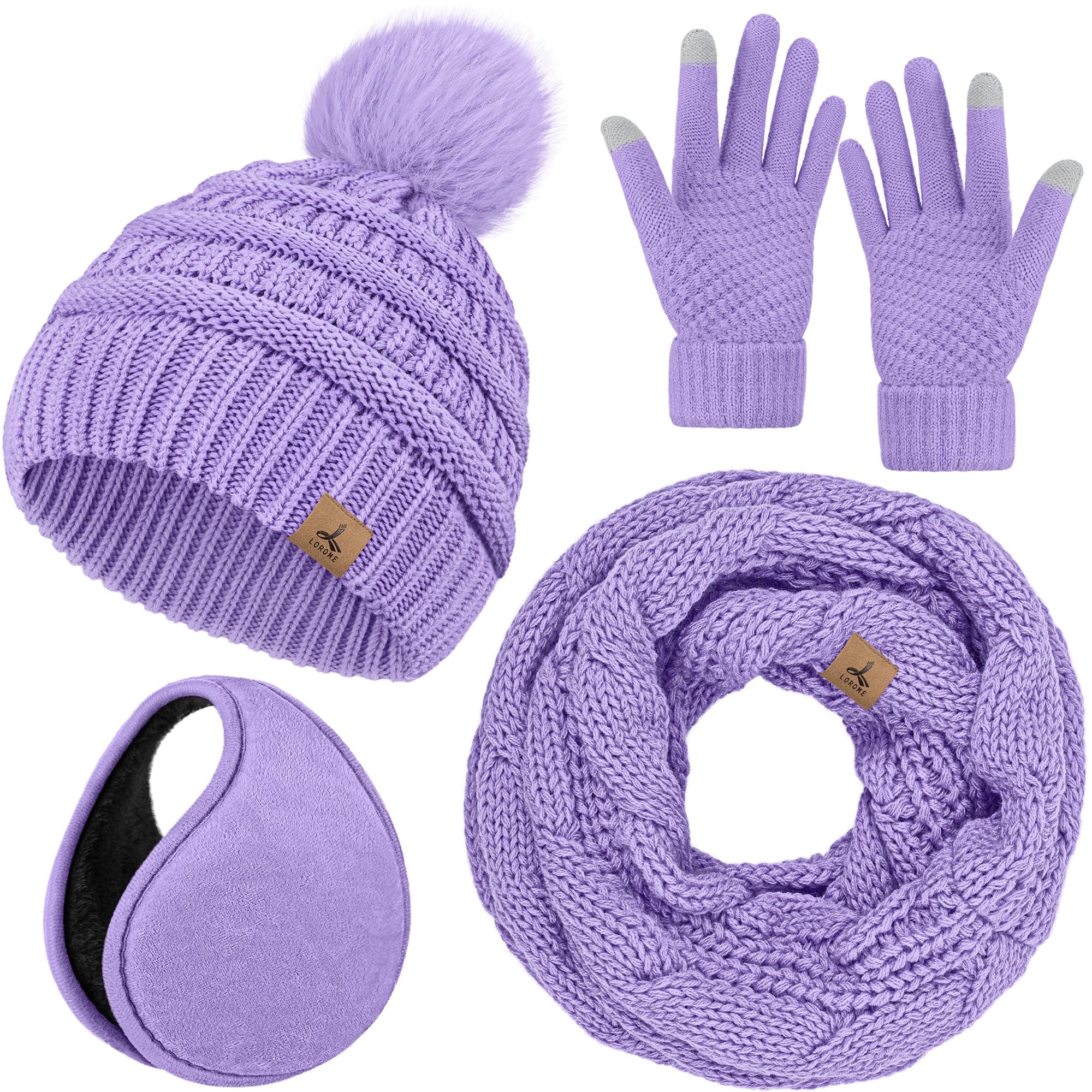 Winter Hat Scarf Gloves and Ear Warmer, Warm Knit Beanie Hat Touch Screen Gloves Set Winter Gifts Neck Scarves for Women